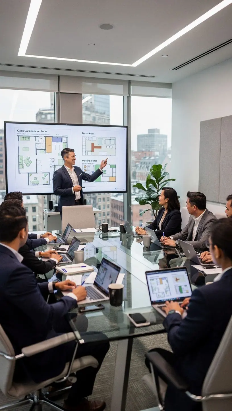 Przestrzeń biurowa z akustycznymi panelami, które redukują hałas.