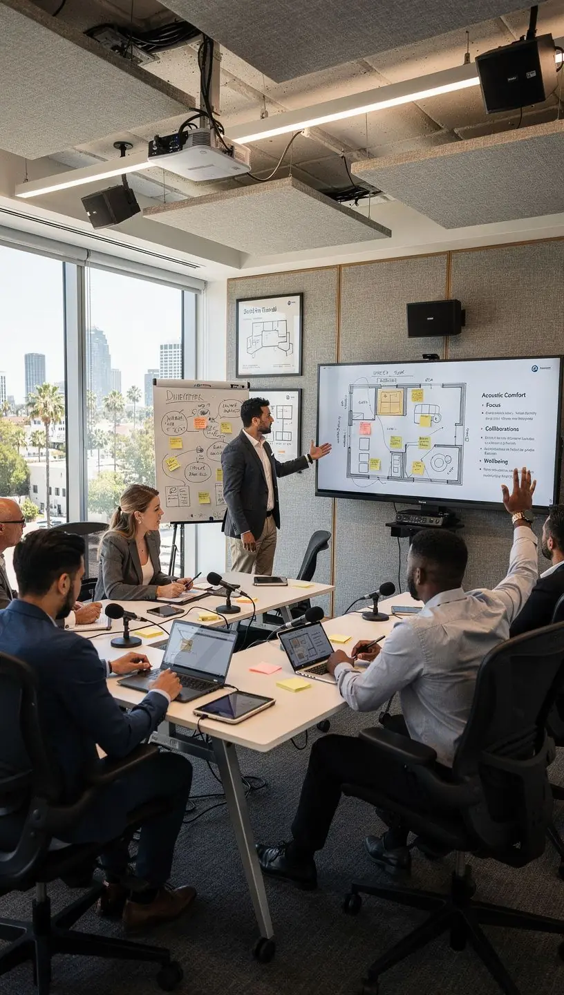 Kącik relaksacyjny w biurze z roślinami i strefą do pracy indywidualnej.